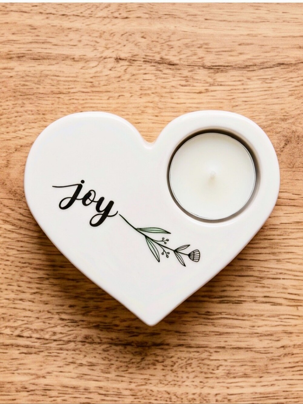Heart Ceramic Tea Light Holder with 'Joy' Script - White 4x4.5"